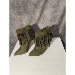ALDO Size 7 Olive Green Fringe Boots Boho Western Suede Stiletto Ankle Heels